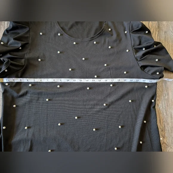 Black Puff Sleeve Dress with Beaded Pearl Accents - Picture 10 of 11